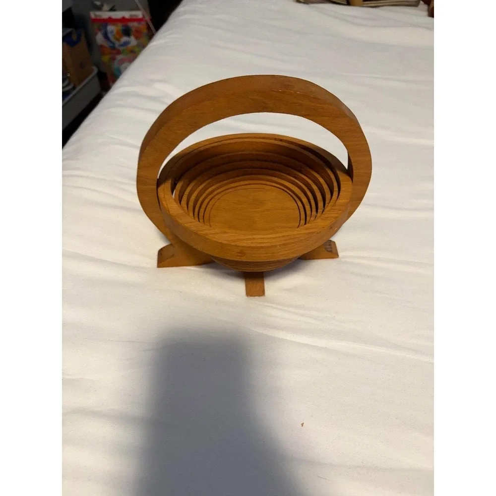 Vintage Collapsible Wooden Fruit Basket Spiral Cut Folding Bowl Trivet MCM